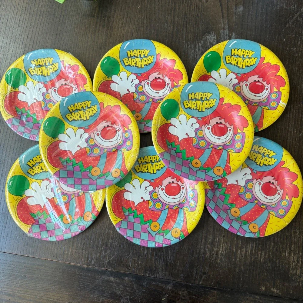 Vintage 1994 Unique Industries Birthday Clown Paper Plates 7in 56ct 8 Packs NEW